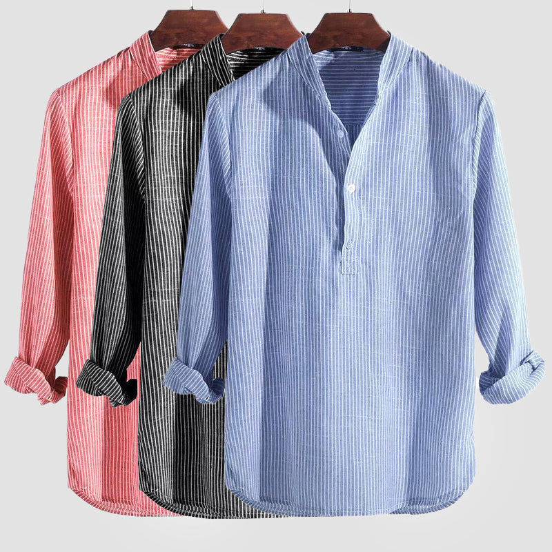 Men’s Cotton-Linen Henley Shirt with Band Collar