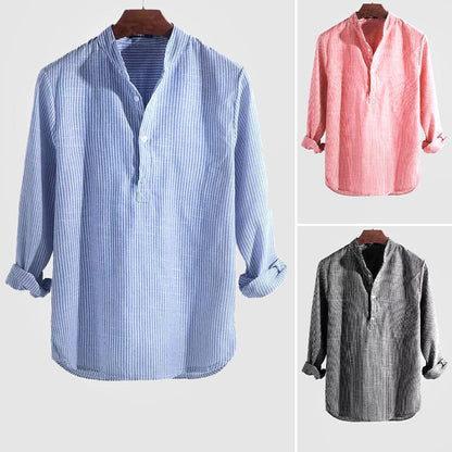 Men’s Cotton-Linen Henley Shirt with Band Collar