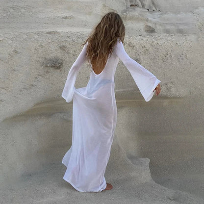 Luna Witte Gebreide Strandjurk met Lange Mouwen