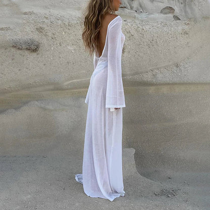 Luna Witte Gebreide Strandjurk met Lange Mouwen