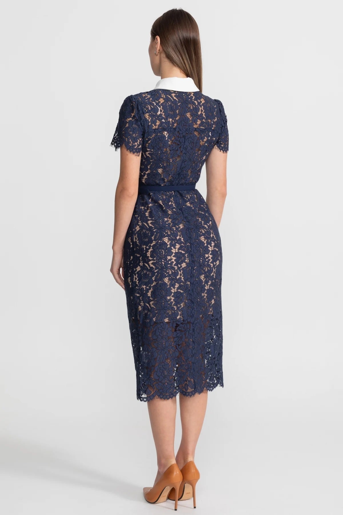 Dames Midi Jurk van Bloemenkant met Kraag en Tailleceintuur – Marineblauw