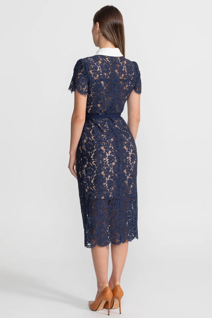 Dames Midi Jurk van Bloemenkant met Kraag en Tailleceintuur – Marineblauw
