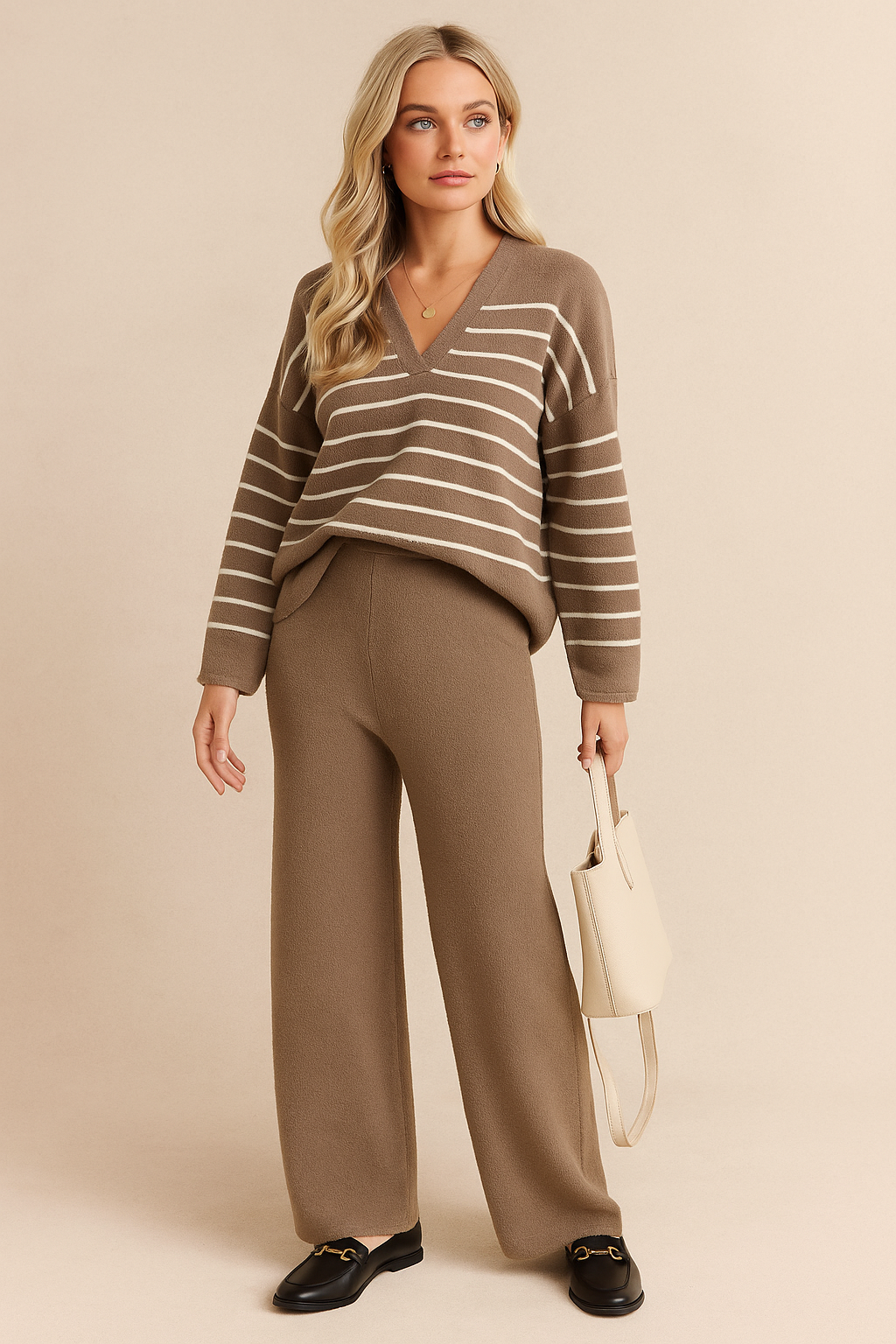 Dames Tweedelige Set Gebreid met Broek en Top Streepjes