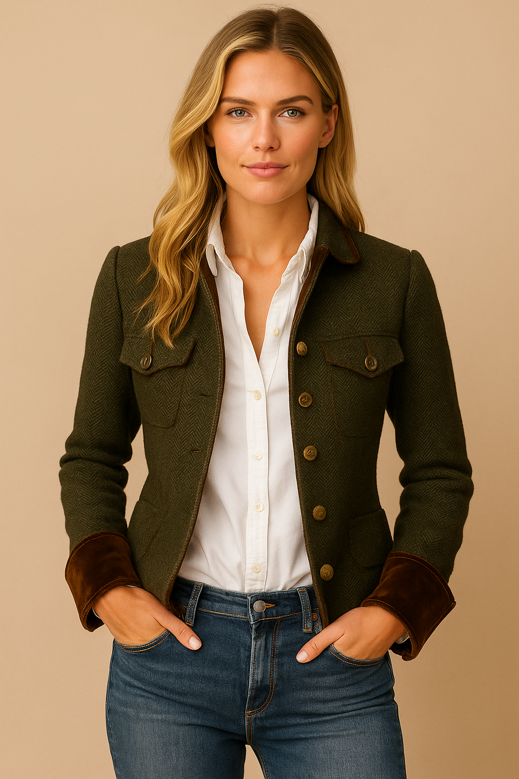 Dames Blazer Vintage Tweed Met Fluweel Details
