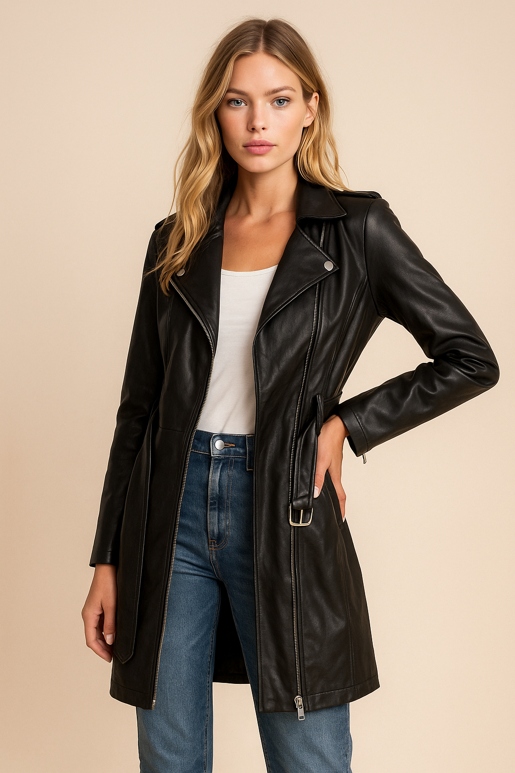 Dames Biker Jas Zwart Lang Elegante met Ceintuur - Mode Vibes