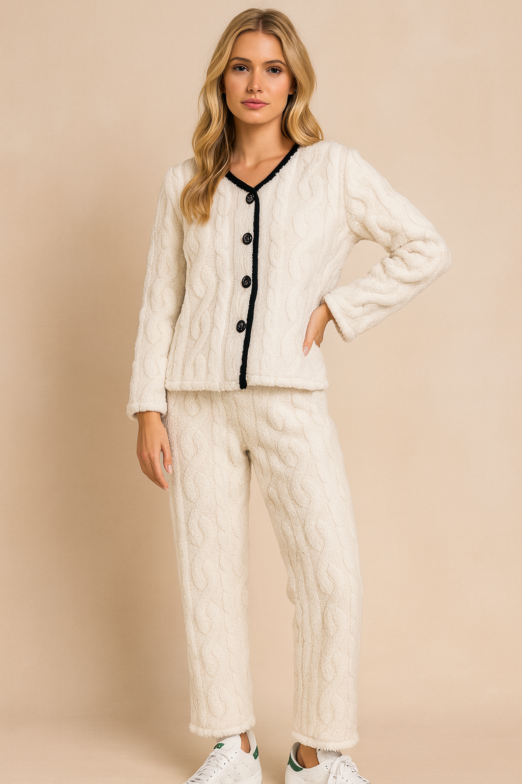 Dames Gebreide Pyjama Set Warme Huispak Dessy