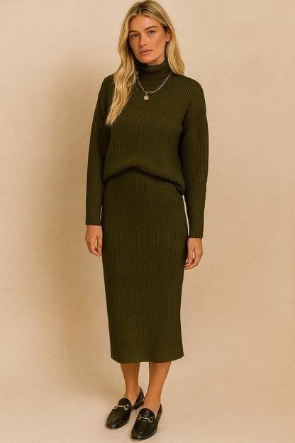 Dames Gebreide Set Rok en Trui Hoge Hals Stijlvol
