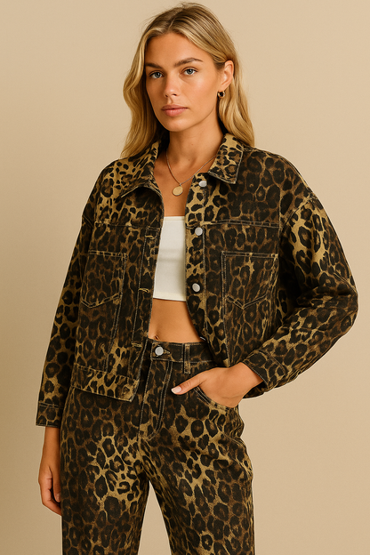 Dames Leopard Print Set Wijde Broek en Jas Streetstyle