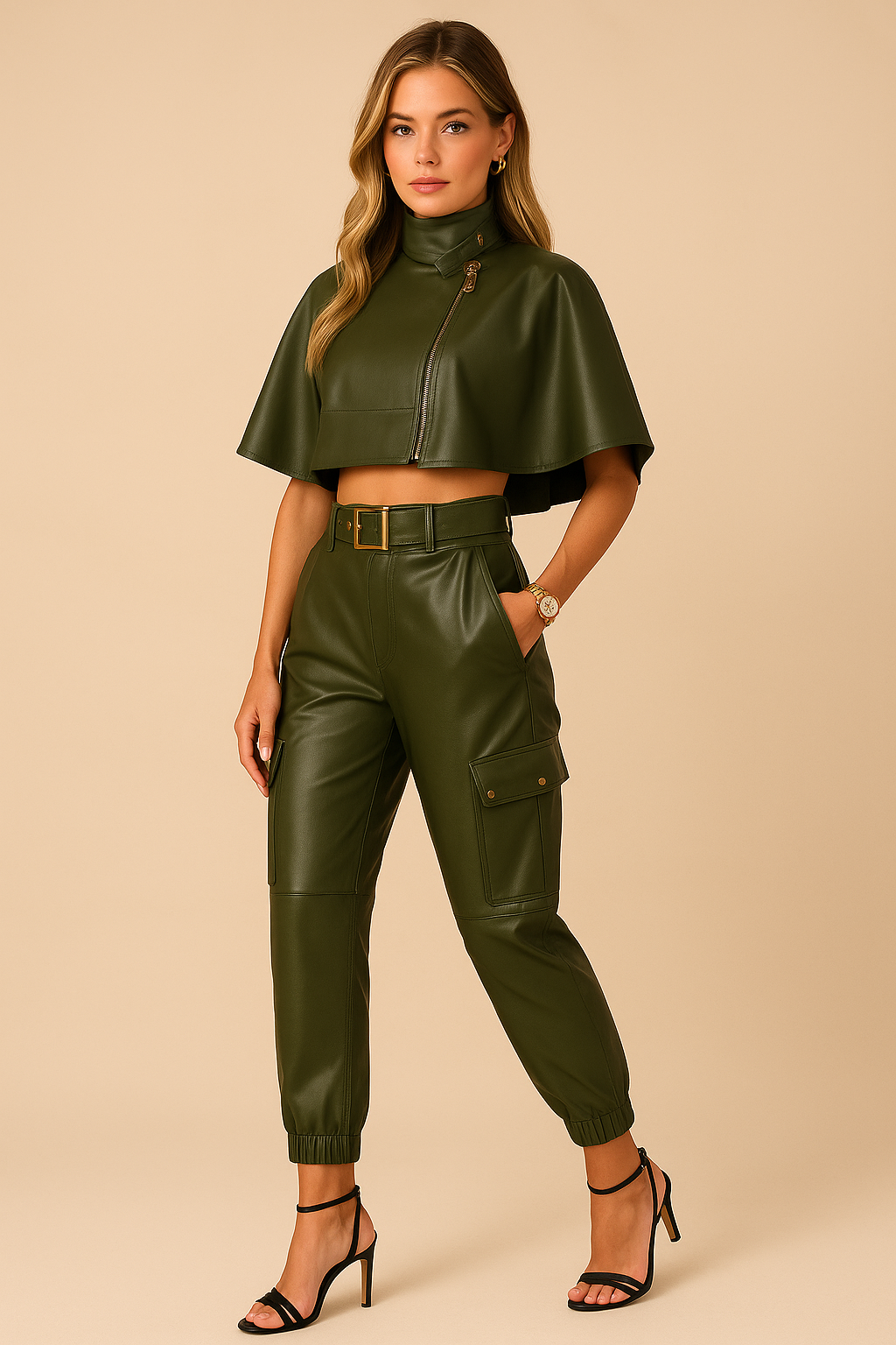 Dames Olijfgroene Faux Leather Set met Crop Top en Hoge Broek
