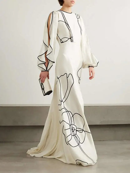 Dames Avondjurk Lange Mouwen Bloemenprint Elegante Jurk - Mode Vibes