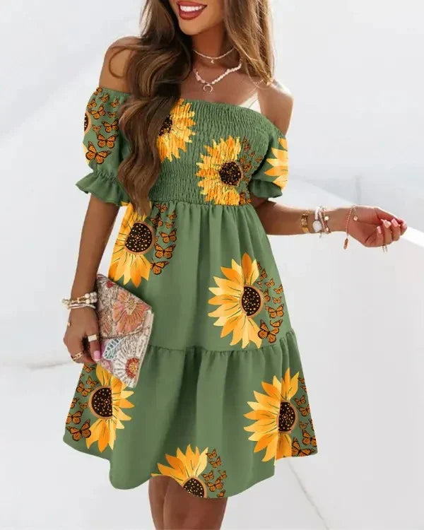 Dames Bedrukte Off Shoulder Mini Zomerjurk - Matilda