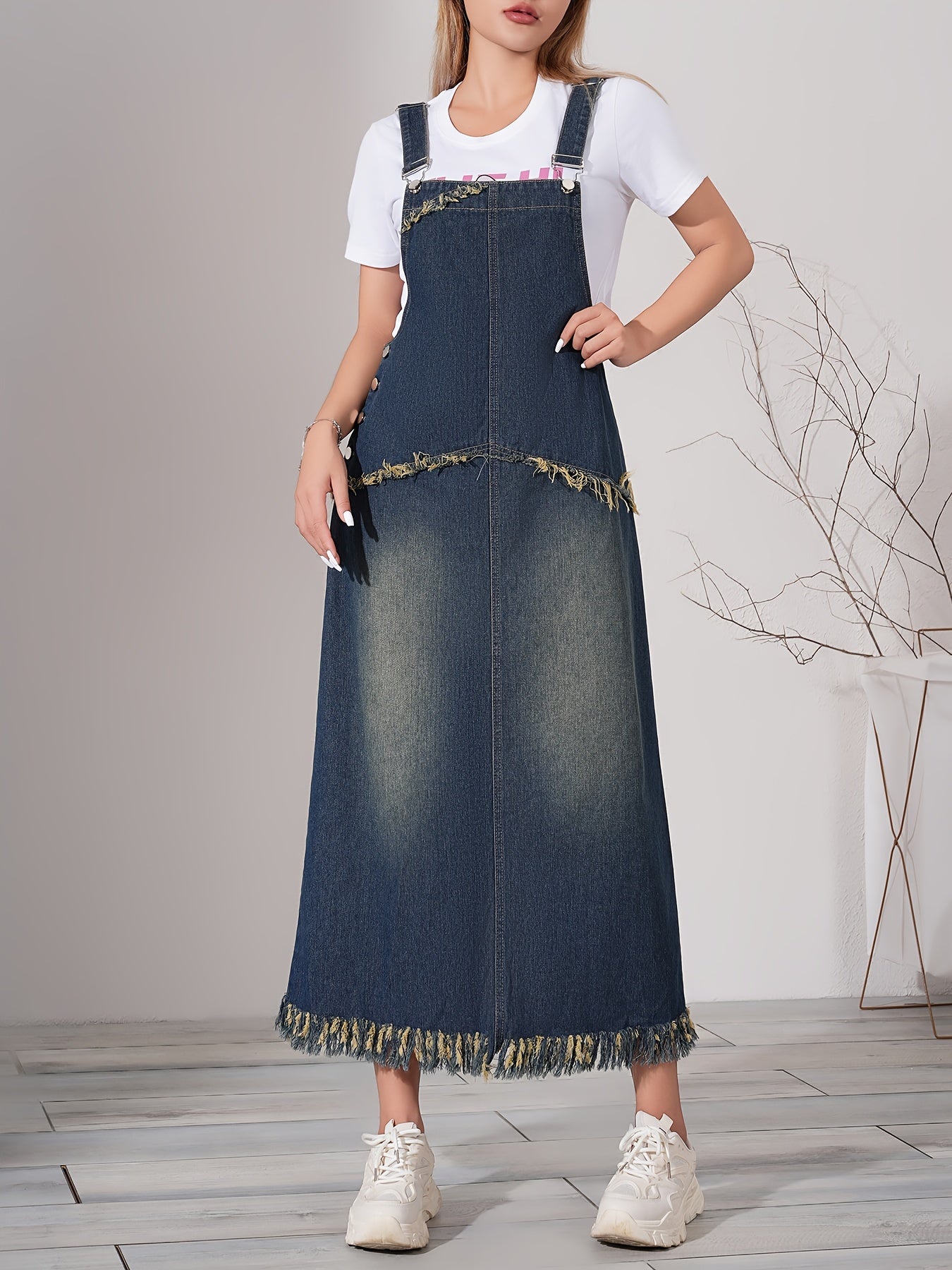 Dames Maxi Jurk Blauw Denim met Verstelbare Band - Mode Vibes