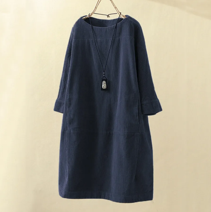 Dames Comfortabele Midi Zomerjurk met Korte Mouw Ribfluweel Design - Robijn
