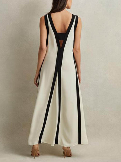 Dames Diepe V hals Zwart witte maxi jurk - Roselie