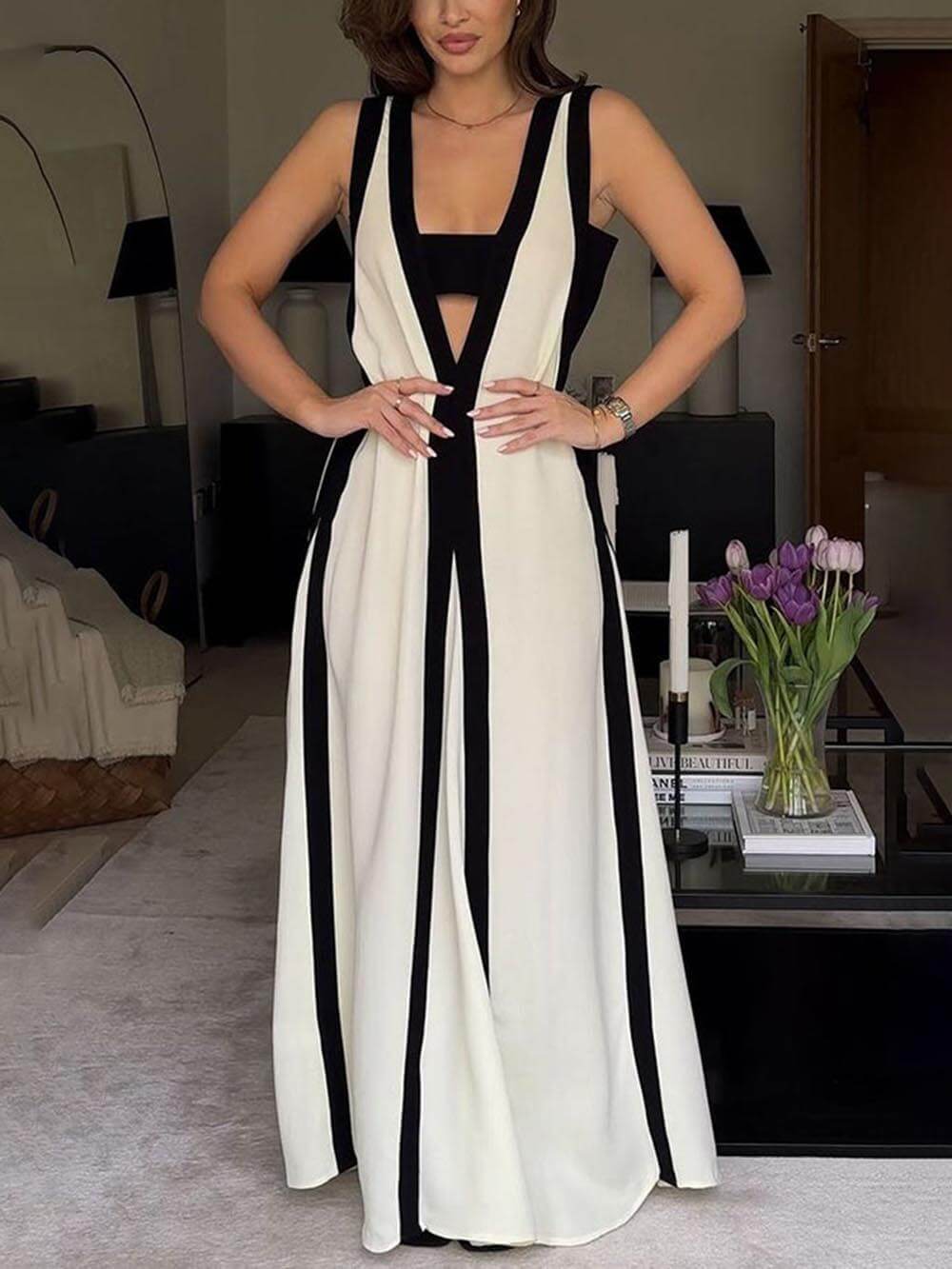 Dames Maxi Jurk Zwart Wit V Hals Lange Jurk - Mode Vibes
