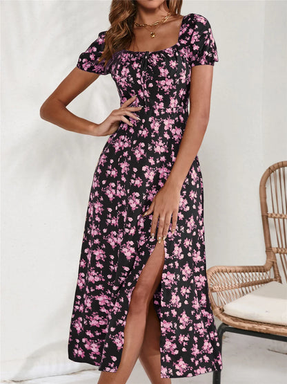 Zomerse Lange Bloemenprint Jurk met Zijdelingse Split