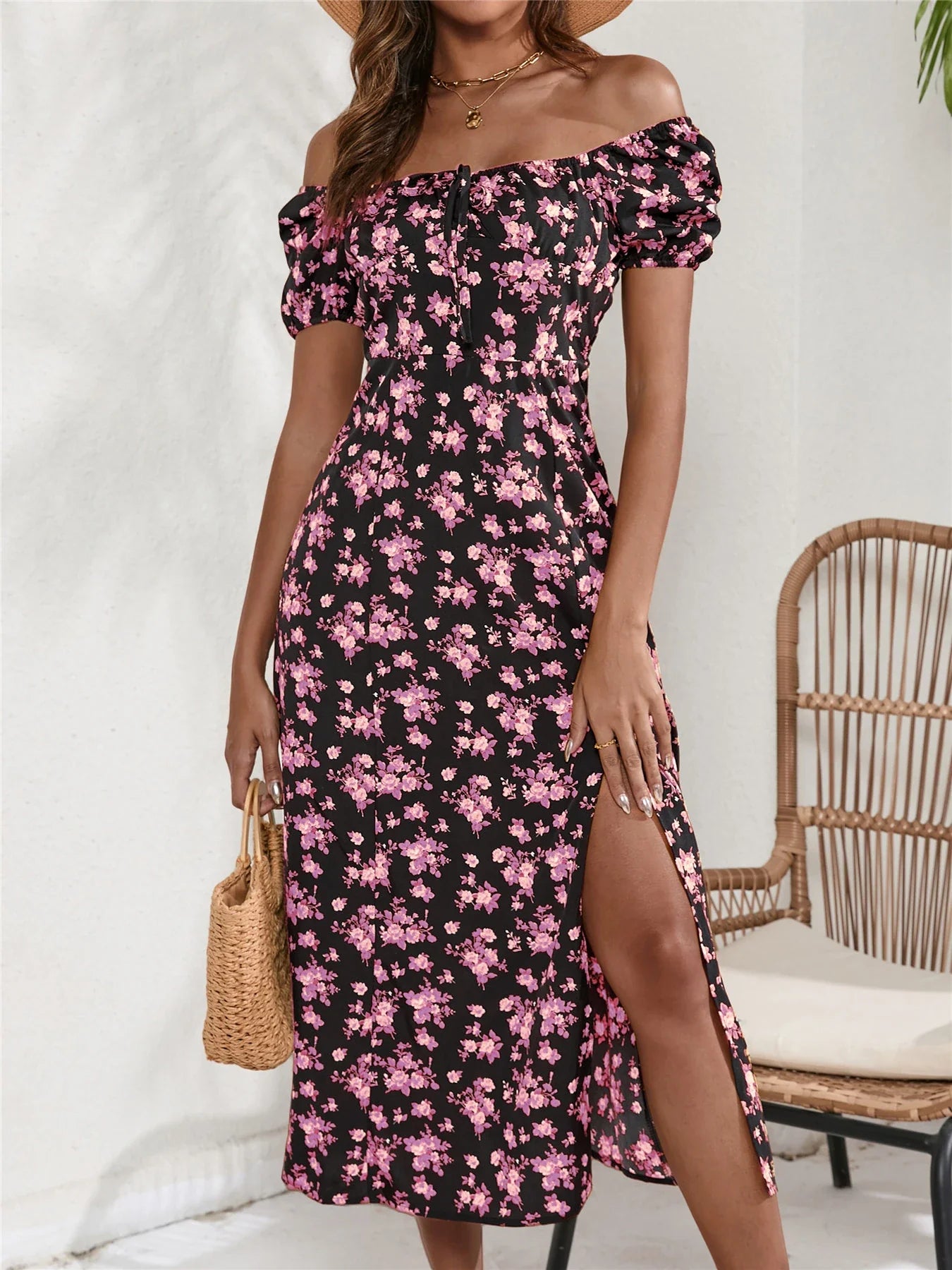 Zomerse Lange Bloemenprint Jurk met Zijdelingse Split