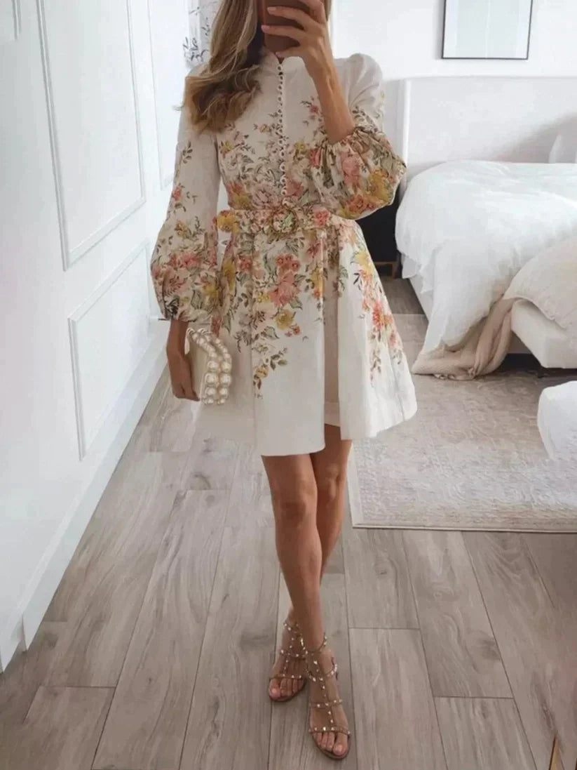 Dames Elegante Knoopsluiting Lange Mouwen Mini Zomerjurk - Louelle