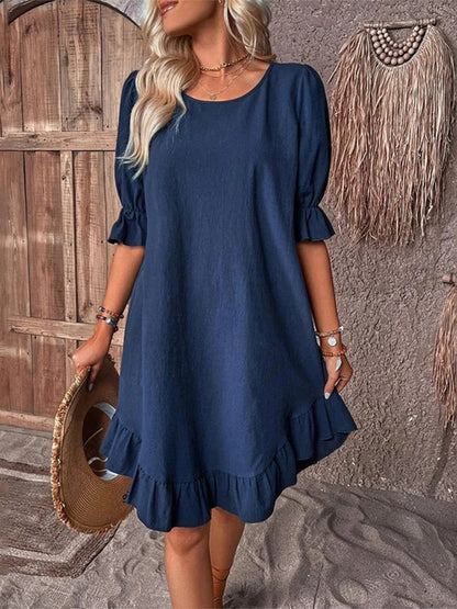 Dames Zomerjurk Midi Korte Mouwen Ronde Hals Elegant - Mode Vibes