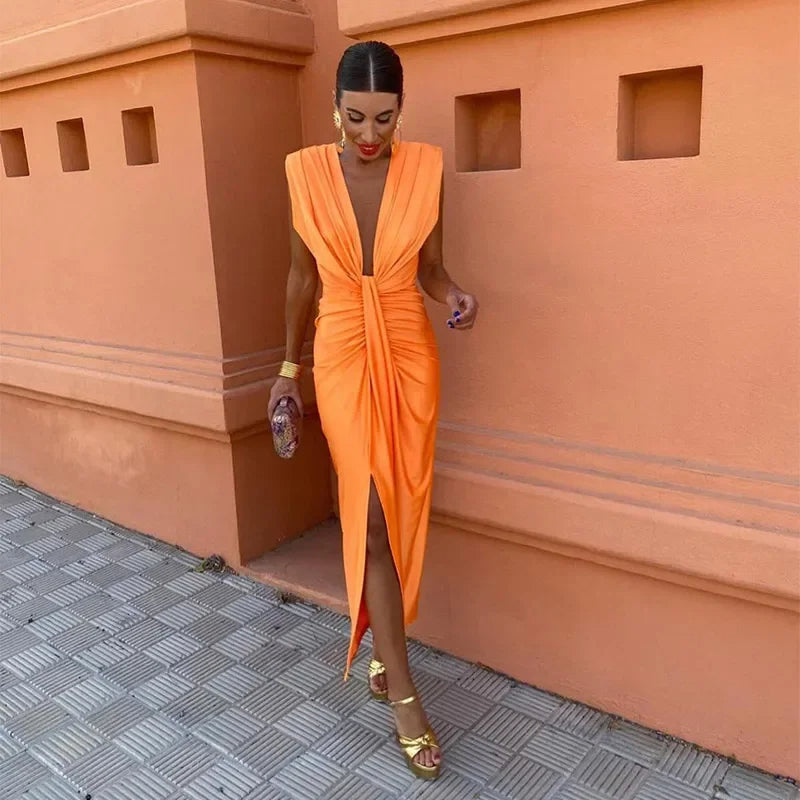 Dames Gala Jurk Mouwloos V Hals Elegante Midi Jurk - Mode Vibes