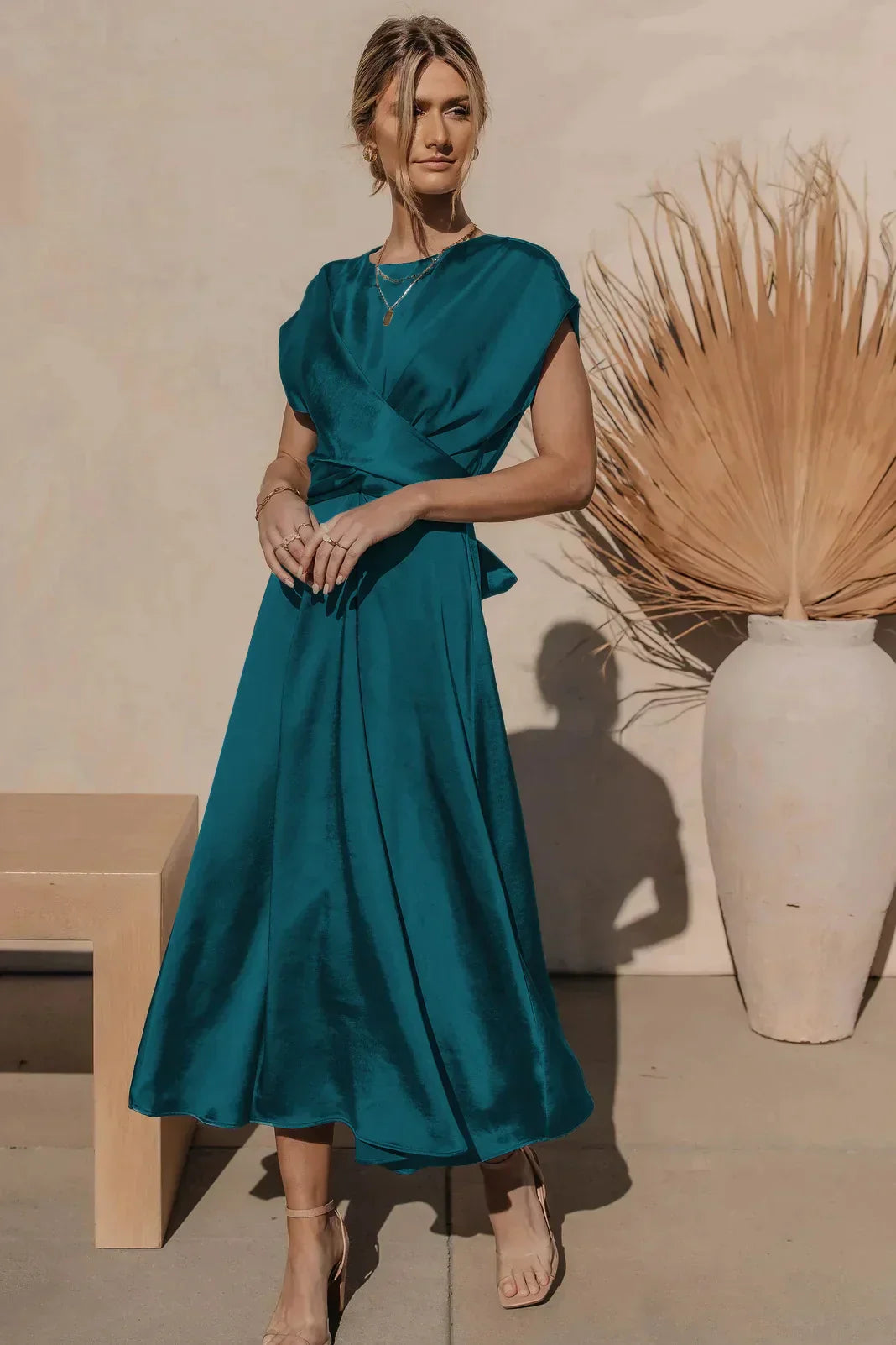 Dames Elegante Satijnen Zijden Midi Trouwjurk - Evangeline