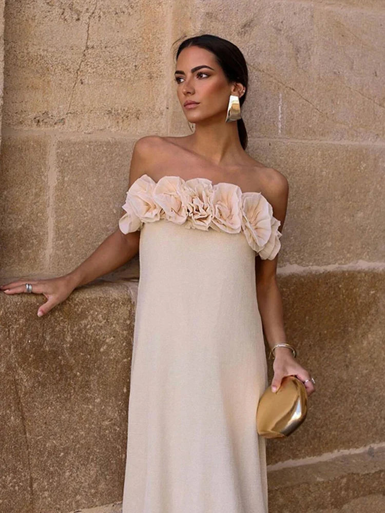 Bella Strapless 3D Bloem Bustier Lange Jurk