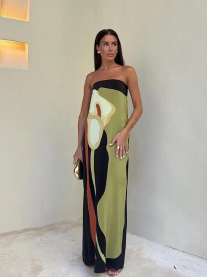 Elegante Strapless Maxi Jurk met Gedrukte Print