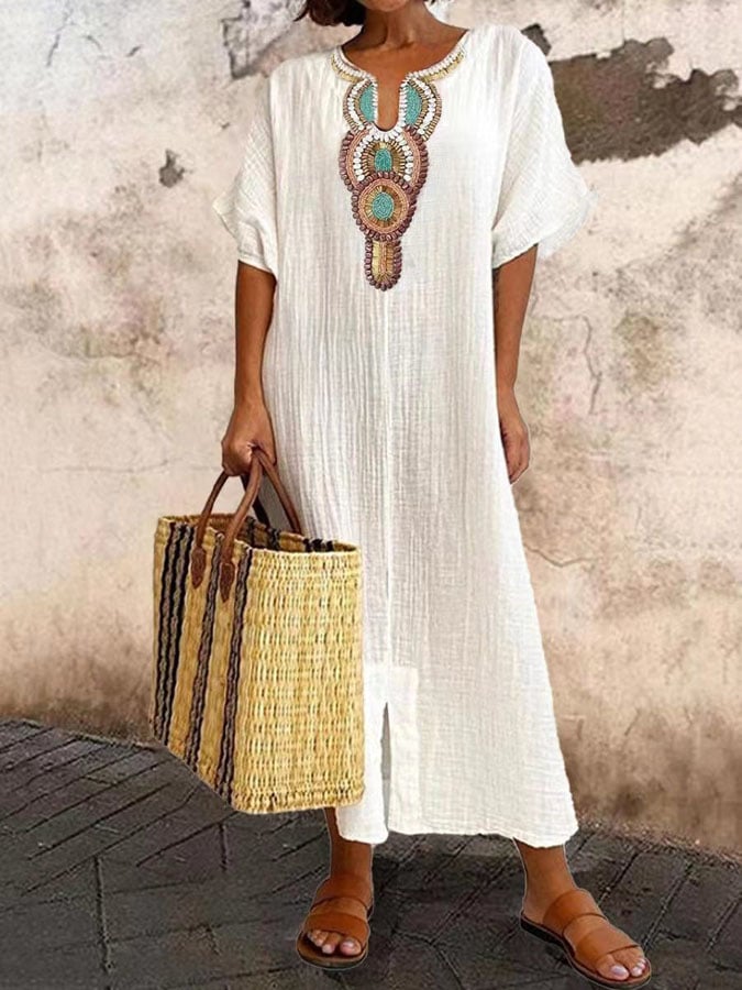 Dames Geborduurde Kaftan Maxi Zomerjurk - Nadiska