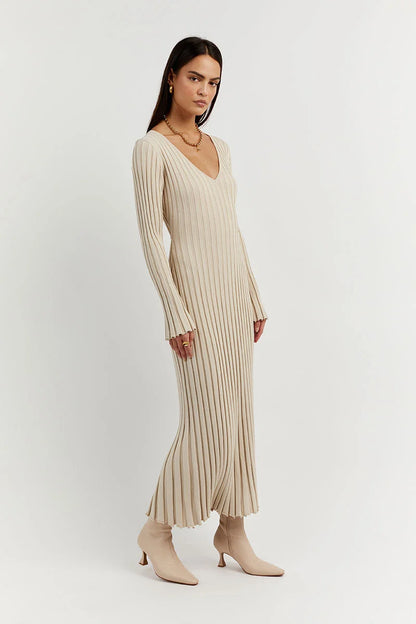 Dames Gebreide Stijlvolle en Comfortabele Lange Mouwen V hals Maxi Zomerjurk- Luna