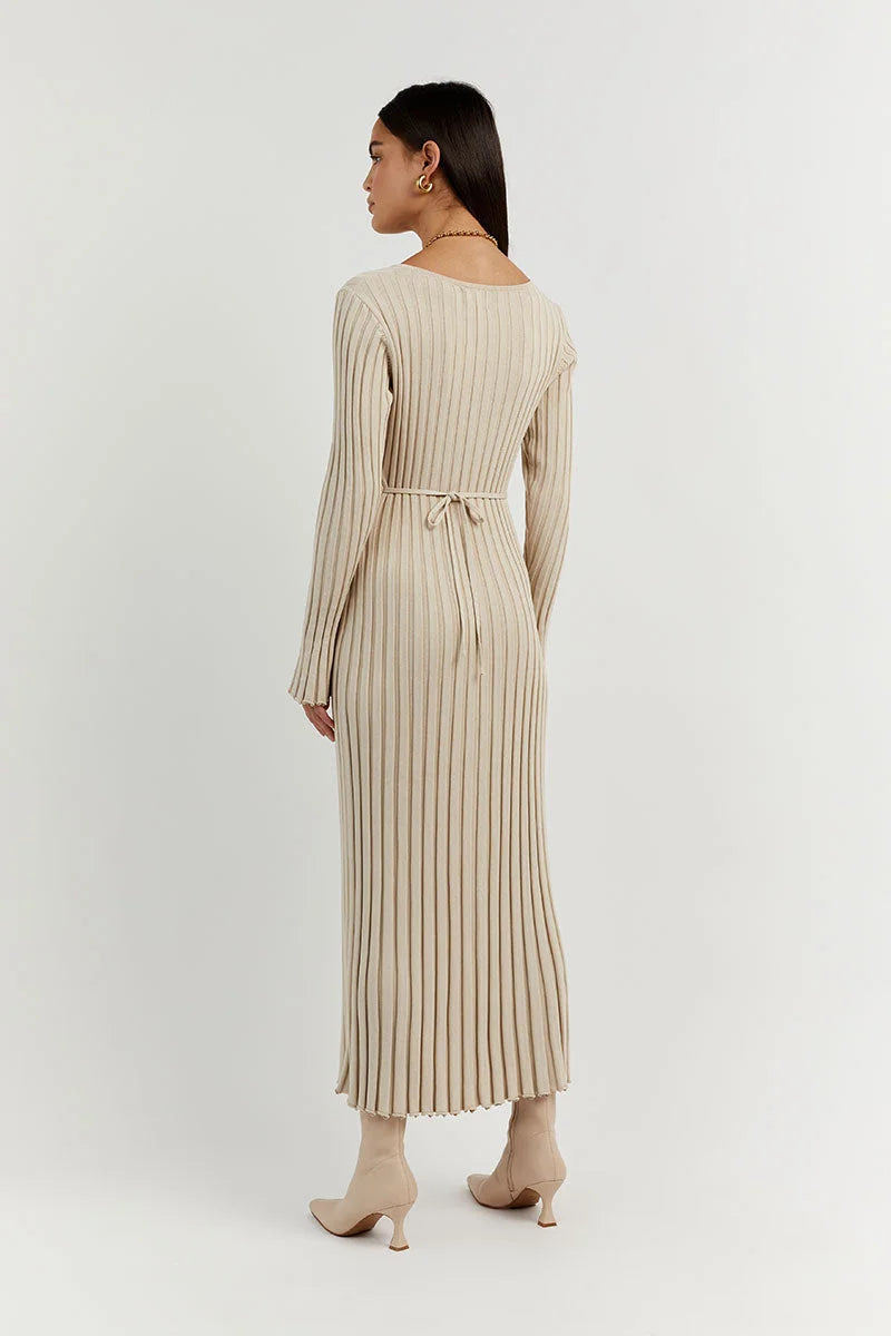 Dames Gebreide Stijlvolle en Comfortabele Lange Mouwen V hals Maxi Zomerjurk- Luna