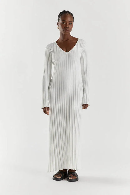 Dames Gebreide Stijlvolle en Comfortabele Lange Mouwen V hals Maxi Zomerjurk- Luna