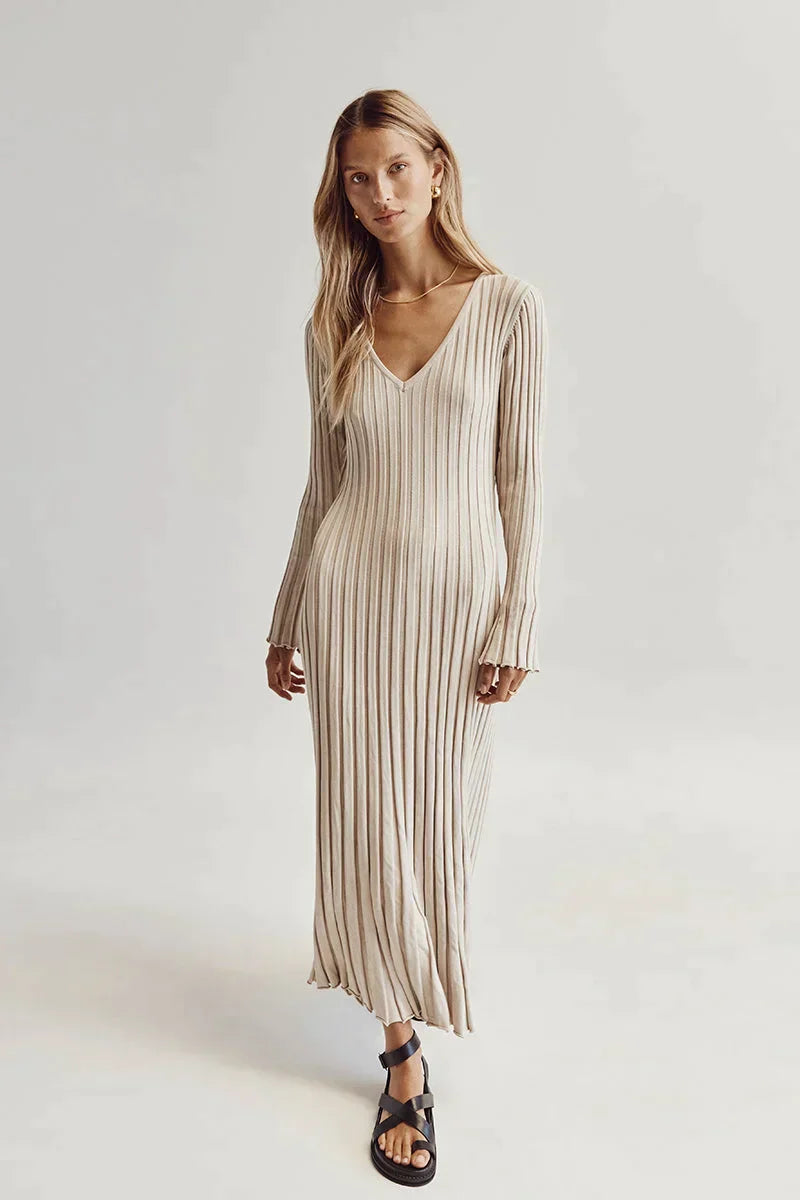 Dames Maxi Zomerjurk Lange Mouwen V-hals Gebreid Comfortabel - Mode Vibes