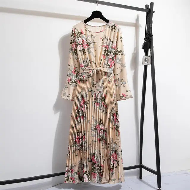 LenteBries Bloemenprint Chiffon Lange Jurk met Ceintuur