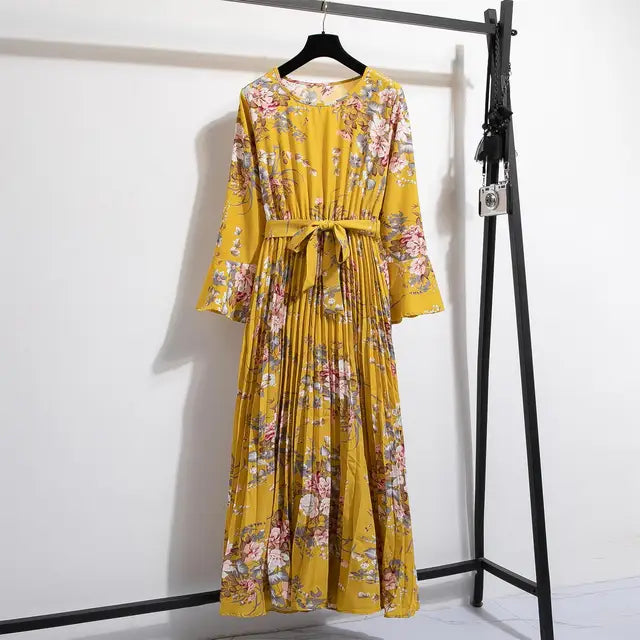 LenteBries Bloemenprint Chiffon Lange Jurk met Ceintuur