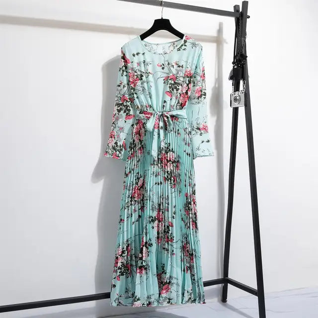 LenteBries Bloemenprint Chiffon Lange Jurk met Ceintuur