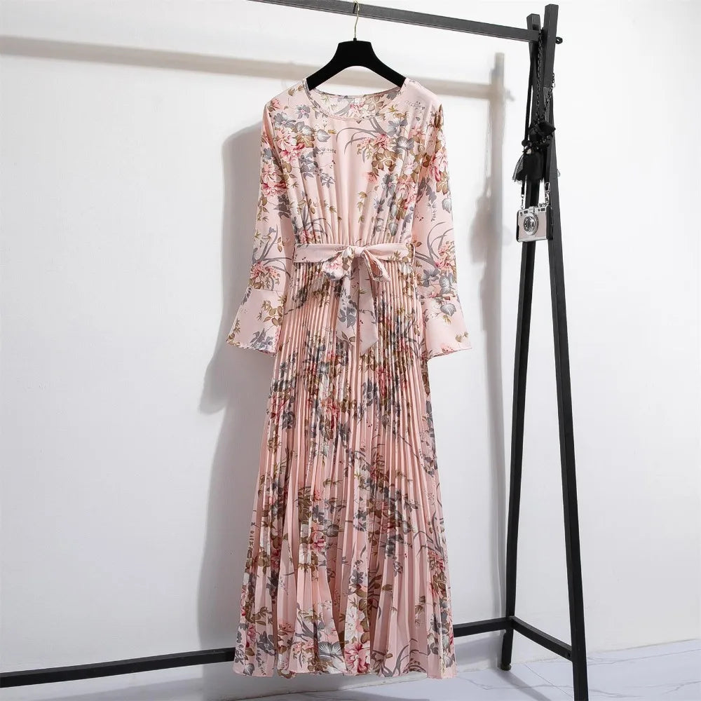 LenteBries Bloemenprint Chiffon Lange Jurk met Ceintuur