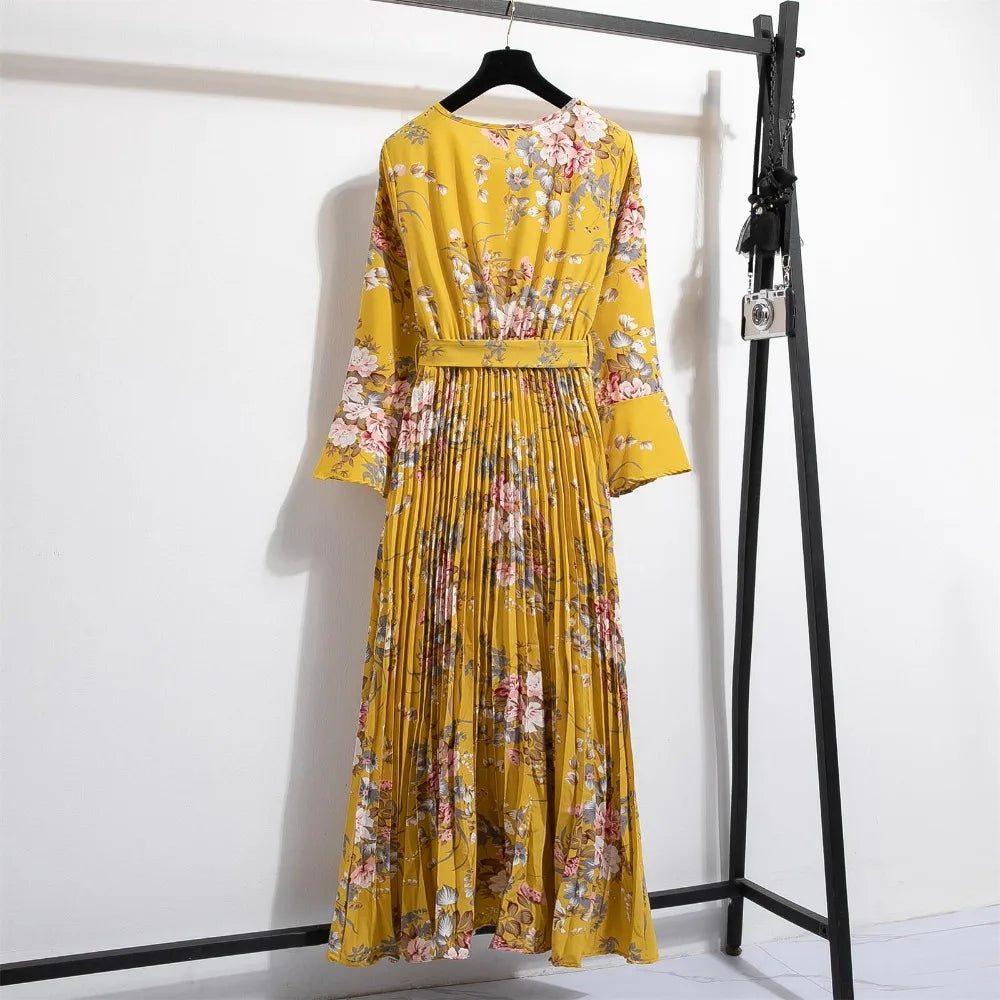 LenteBries Bloemenprint Chiffon Lange Jurk met Ceintuur