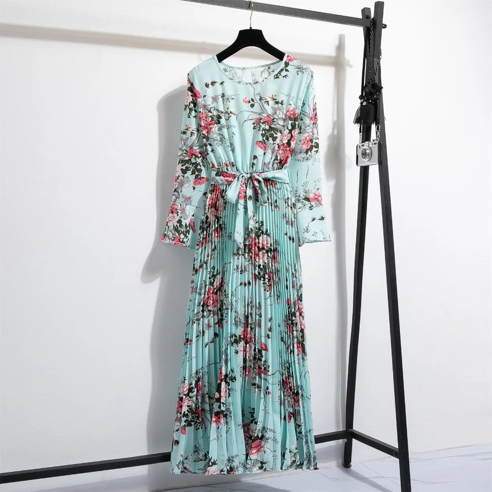 LenteBries Bloemenprint Chiffon Lange Jurk met Ceintuur