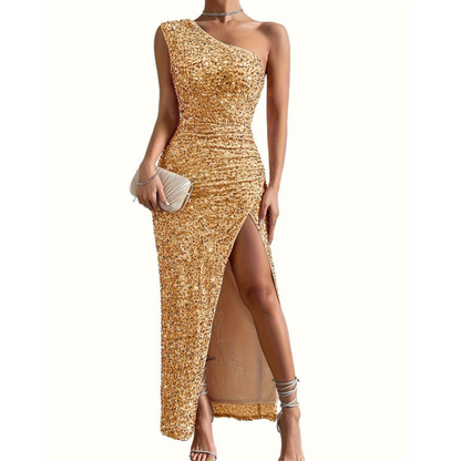 Dames Glitter Maxi Prom Dress met één schouder - Fleur