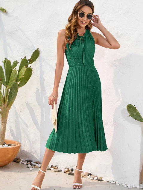 Dames Halterjurk met Plooien Midi Jurk- Bea