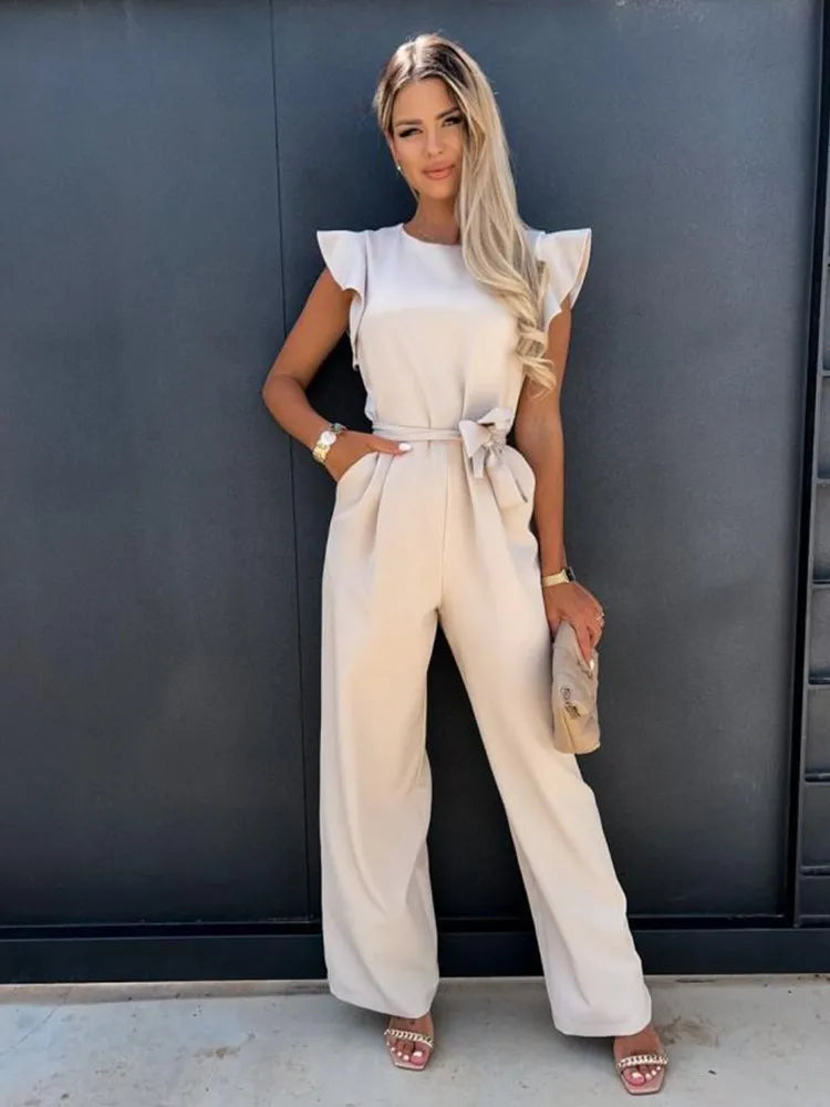 Dames Jumpsuit Zomer Ruches Wijde Pijpen Peach - Mode Vibes