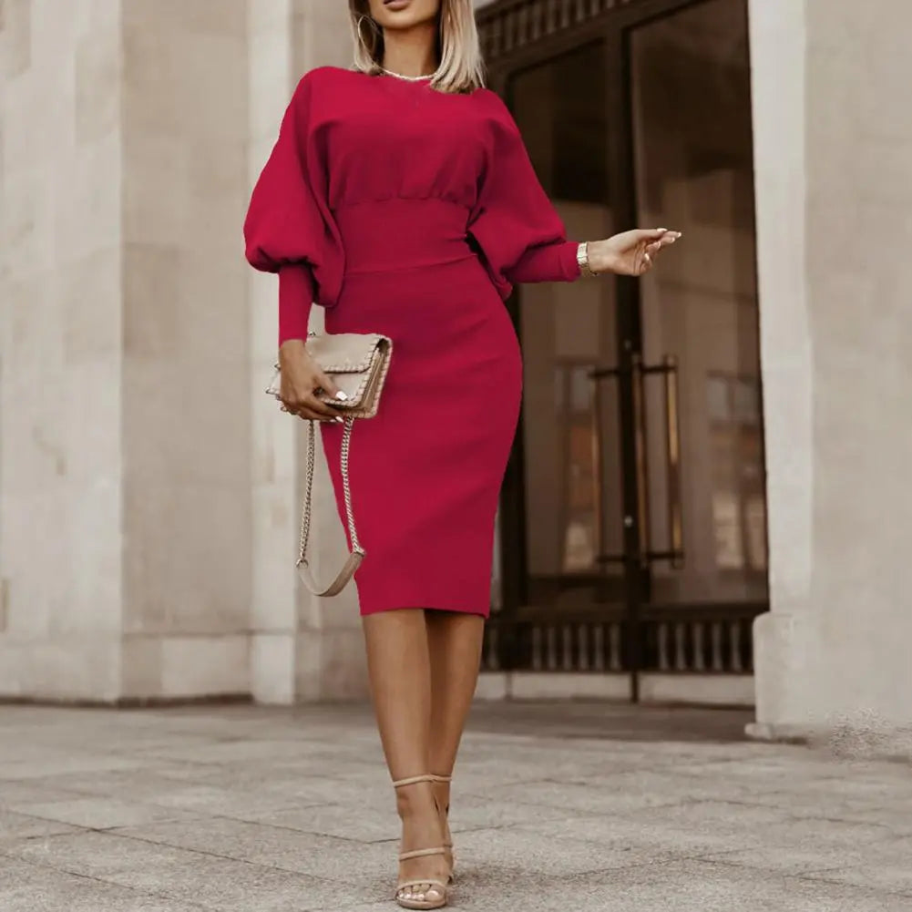 Dames Midi Jurk met Lantaarnmouw Stijlvol Florentine Stof - Mode Vibes