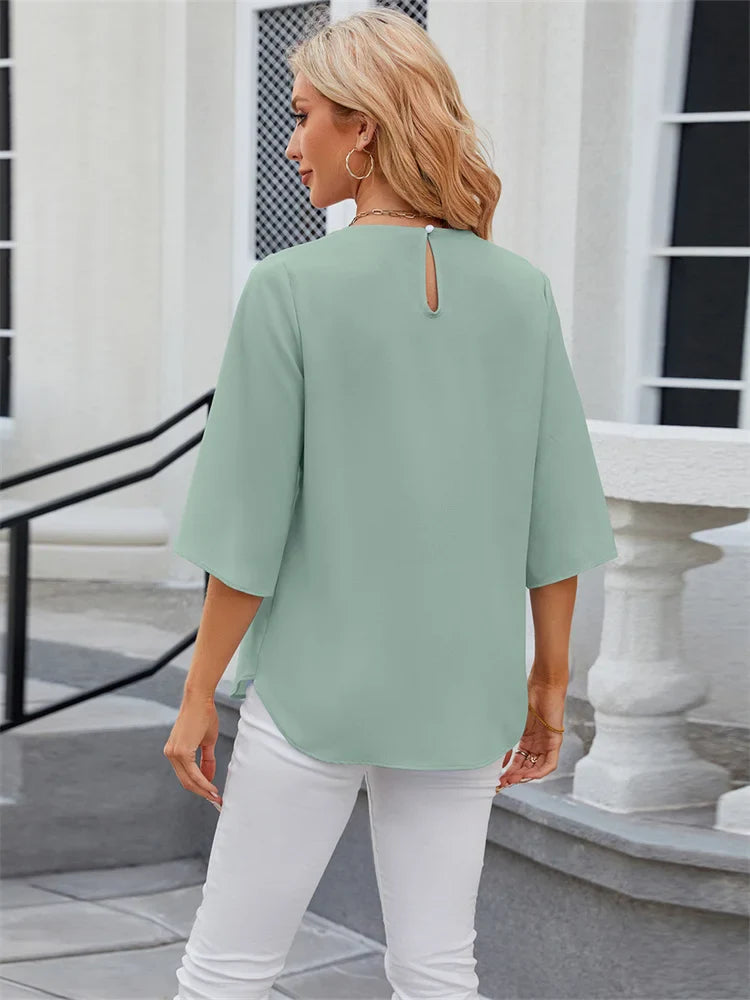 Groene Blouse met Halve Mouwen en O-Hals voor Dames