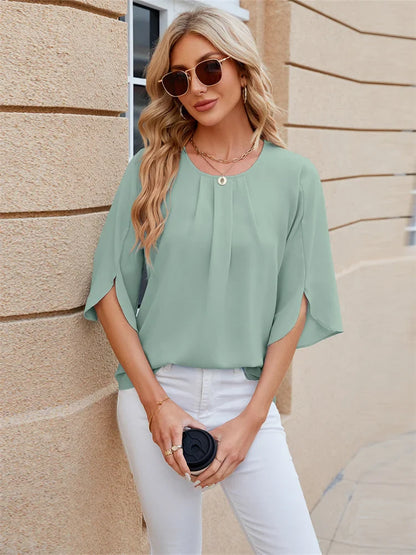 Groene Blouse met Halve Mouwen en O-Hals voor Dames