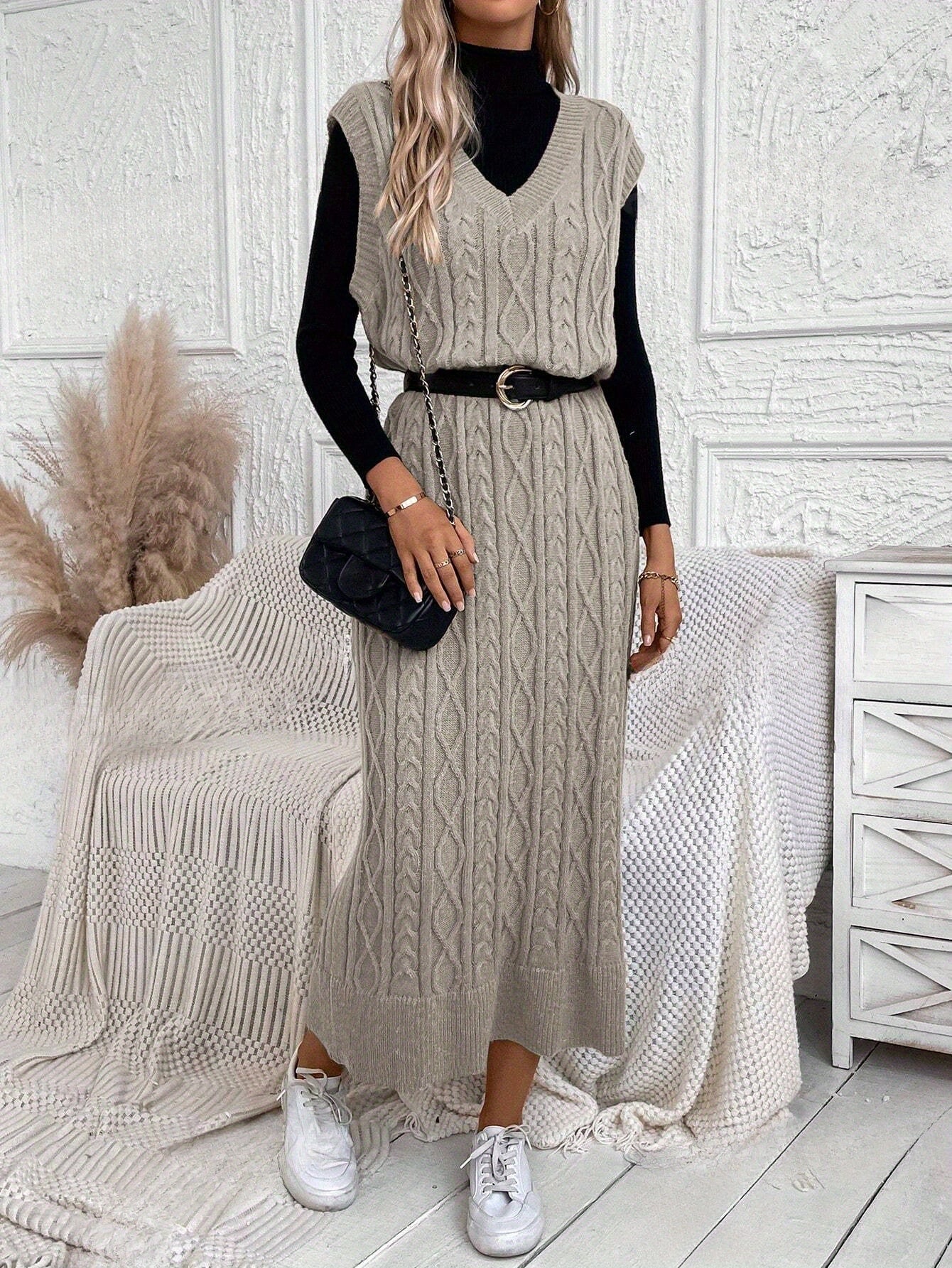 Dames Maxi Jurk Kabelpatroon Zwart Wit Elegant - Mode Vibes