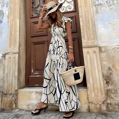 Dames Zomerjurk Maxi V Hals Ruches Elegant Jurk - Mode Vibes