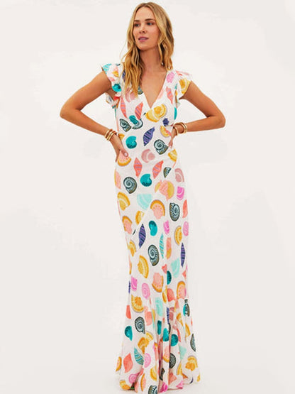 Dames Maxi Zomerjurk Schelpenprint Kleurrijk Licht - Mode Vibes