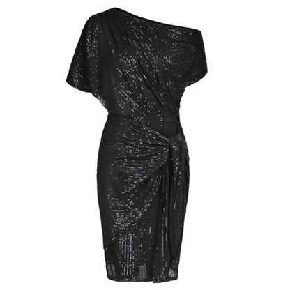 Dames Feestjurk Midi Pailletten Zwart Glanzend - Mode Vibes