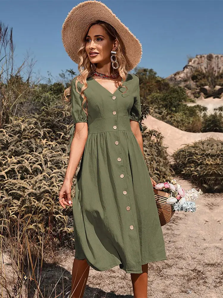 Dames Zonnejurk Midi met Knoopsluiting Zomerkleding - Mode Vibes