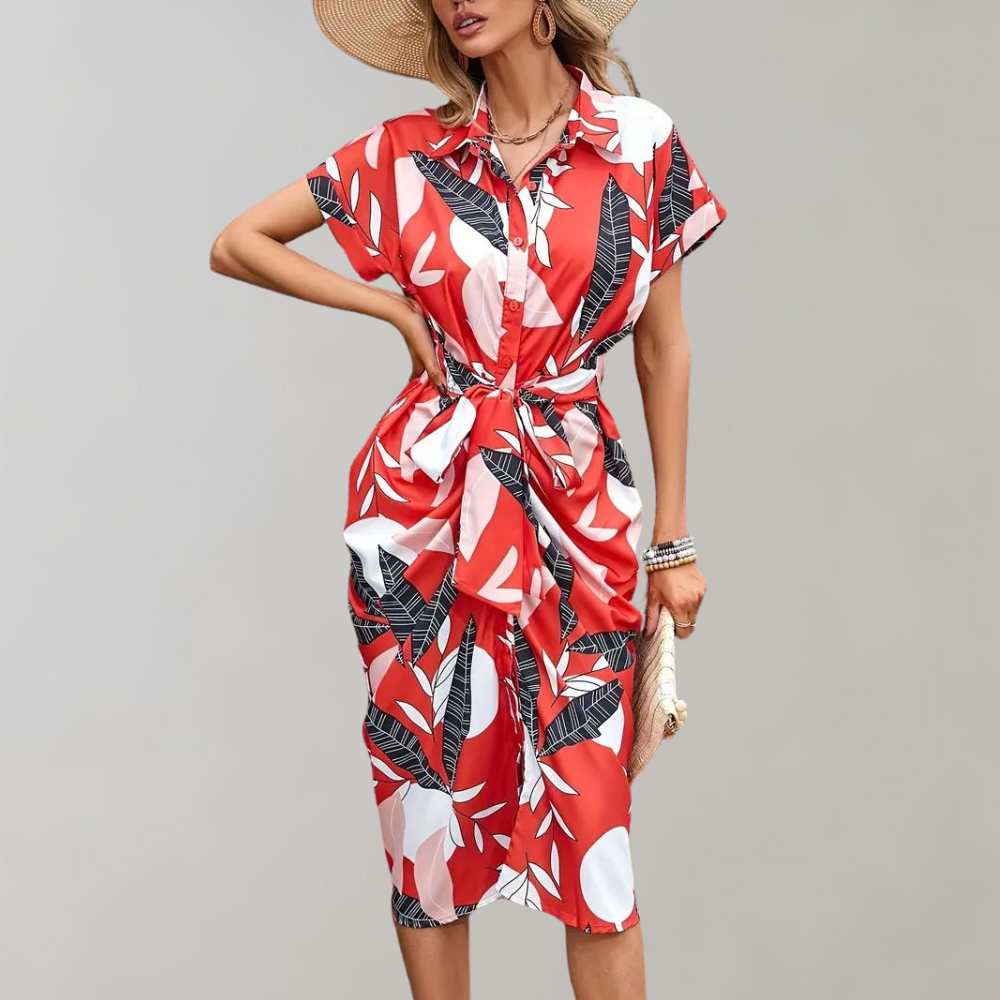Dames Zomerjurk Kortemouw Knoopsluiting Midi Jurk - Mode Vibes